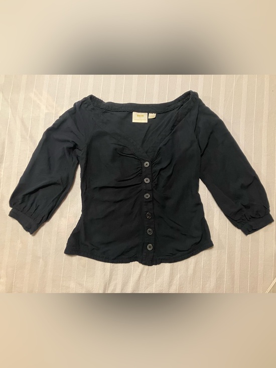 Maeve Tops - Maeve by Anthropologie Navy Ruched Button Front Peasant Blouse - Size 4